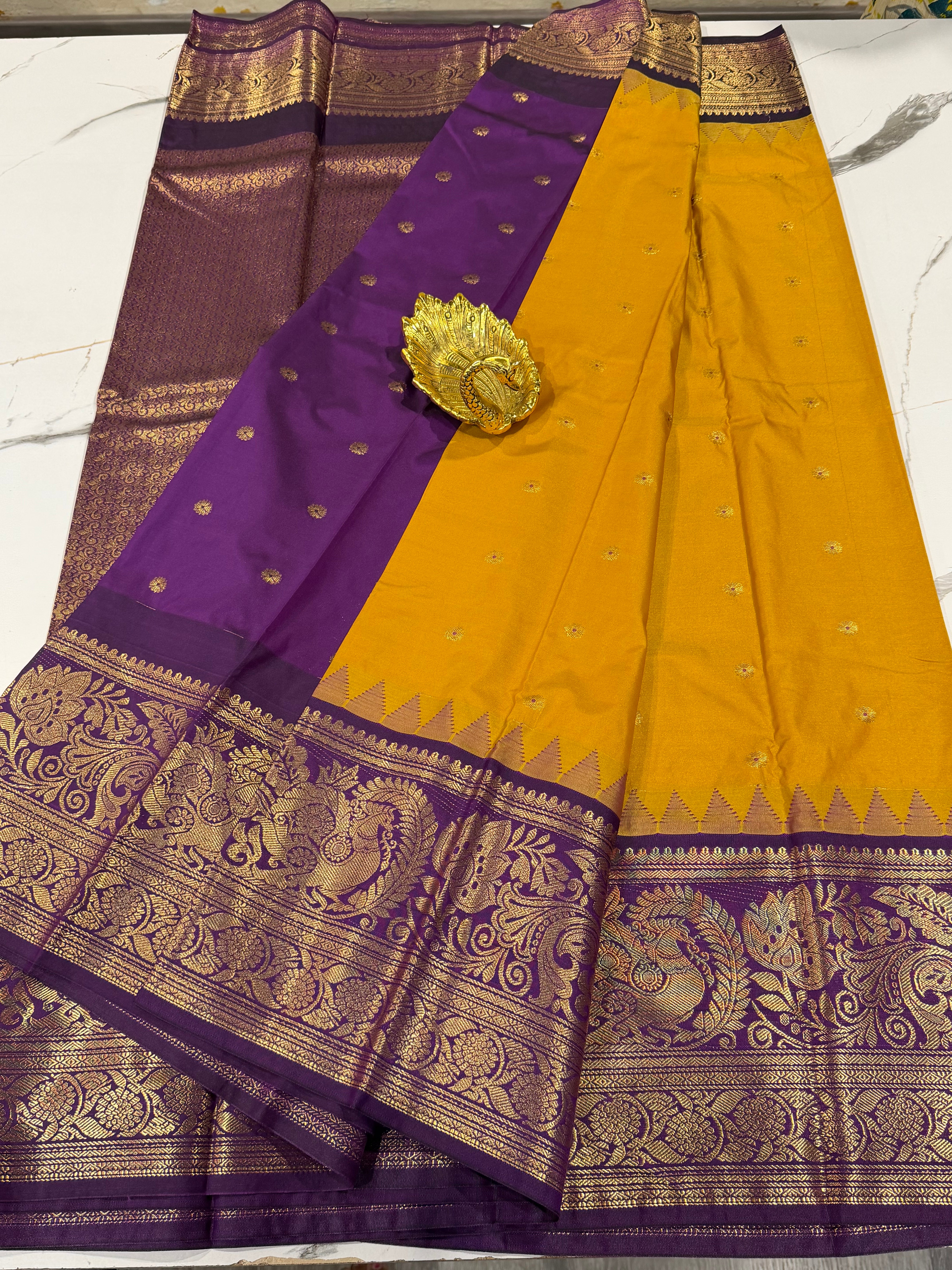 VG2 semi Gadwal mustard yellow and brinjal border saree