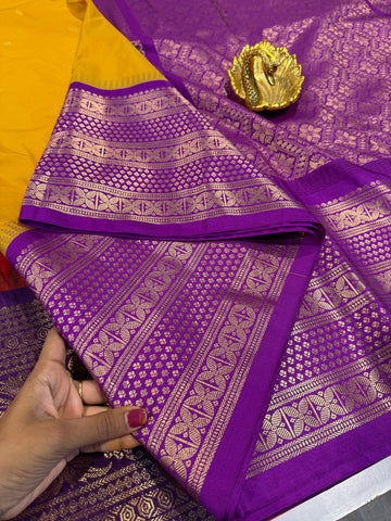 LD-G2299 vintage Semi Gadwal mustard yellow and purple Border with butta saree