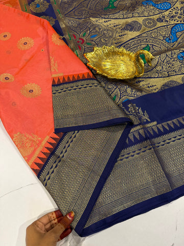 SN-35 Semi narayanpet peach and navy blue border saree