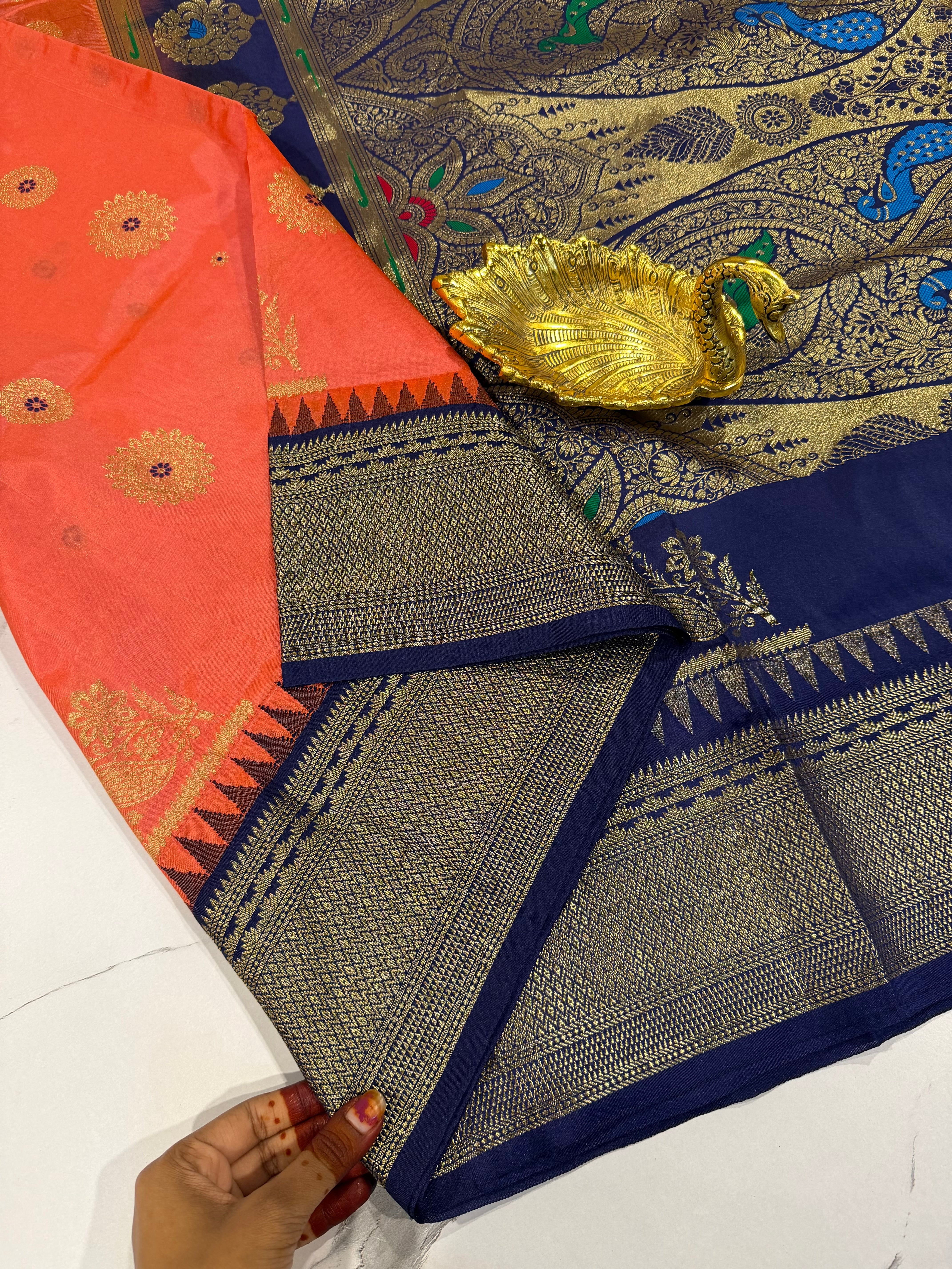 SN-35 Semi narayanpet peach and navy blue border saree