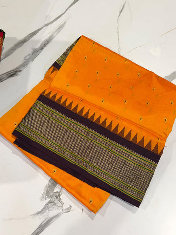 LD-N9 narayanapeta semi Pattu  orange and brown border muniya butta saree