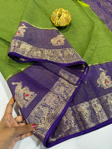 VS-27 green saree violet borders vintage Kanchi saree