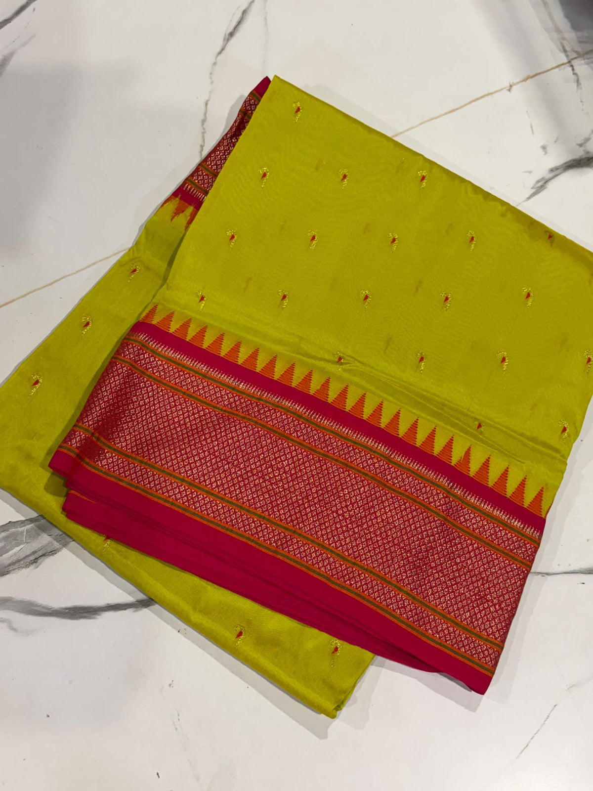 LD-N9 narayanapeta semi Pattu Lemon yellow and pink border muniya butta saree
