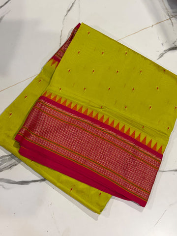 LD-N9 narayanapeta semi Pattu Lemon yellow and pink border muniya butta saree