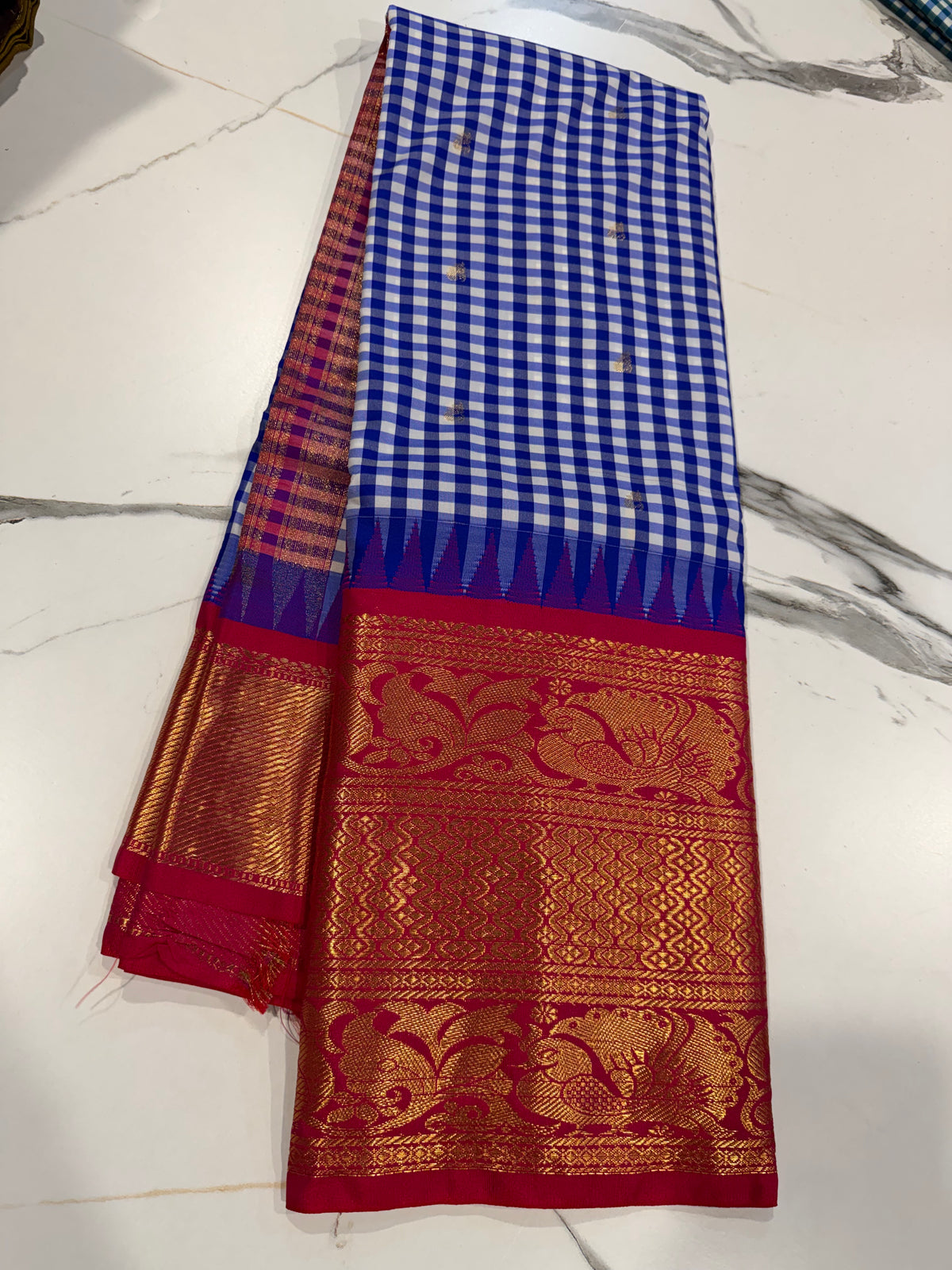 SGC-2500 Madras checks gadwal Darkblue n pink border saree