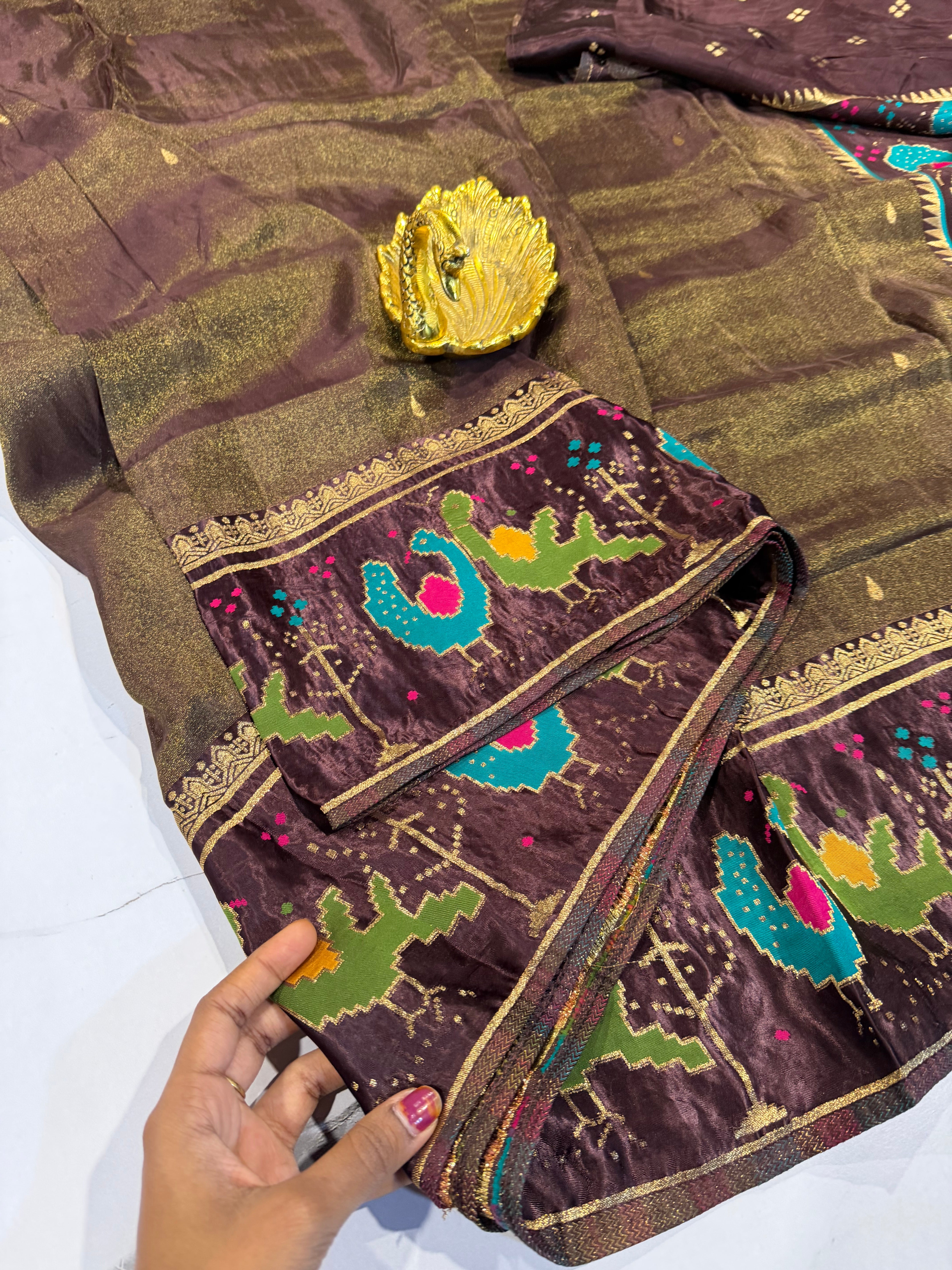 T-2998 Brown banaras tissue Mashru borders saree