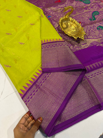 LD-NL35 semi narayanpet pattu lime green and purple border saree