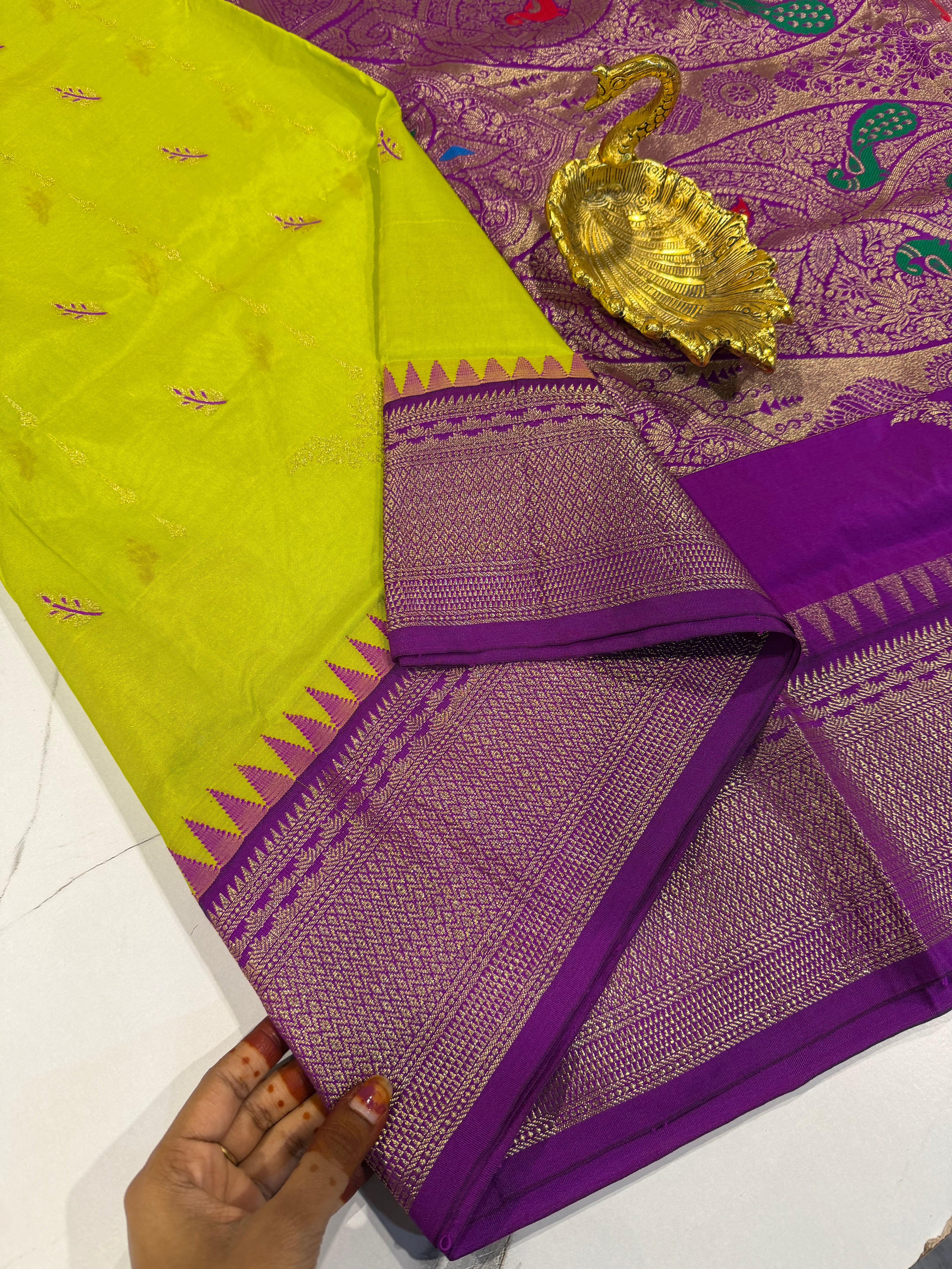 LD-NL35 semi narayanpet pattu lime green and purple border saree