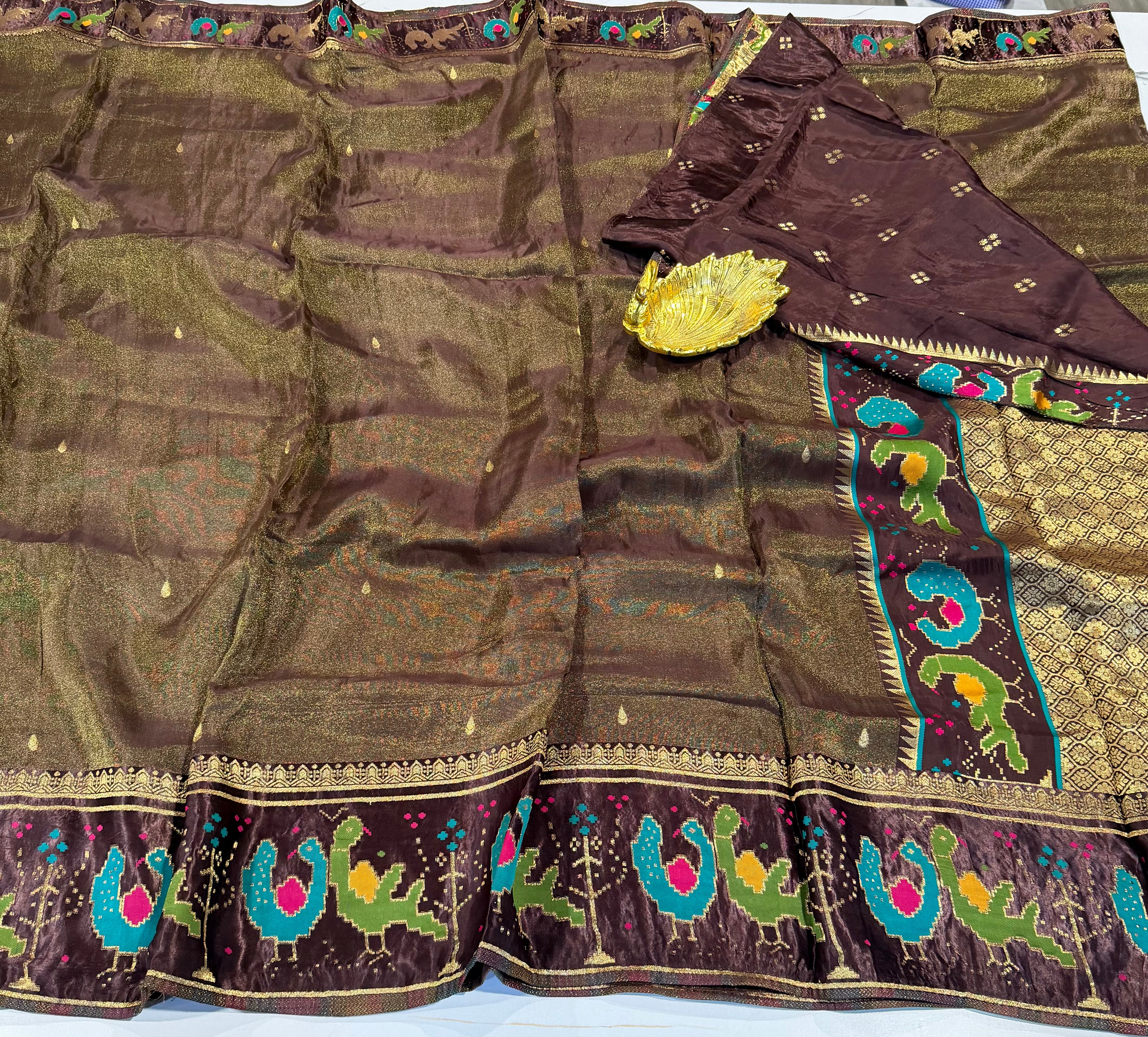 T-2998 Brown banaras tissue Mashru borders saree
