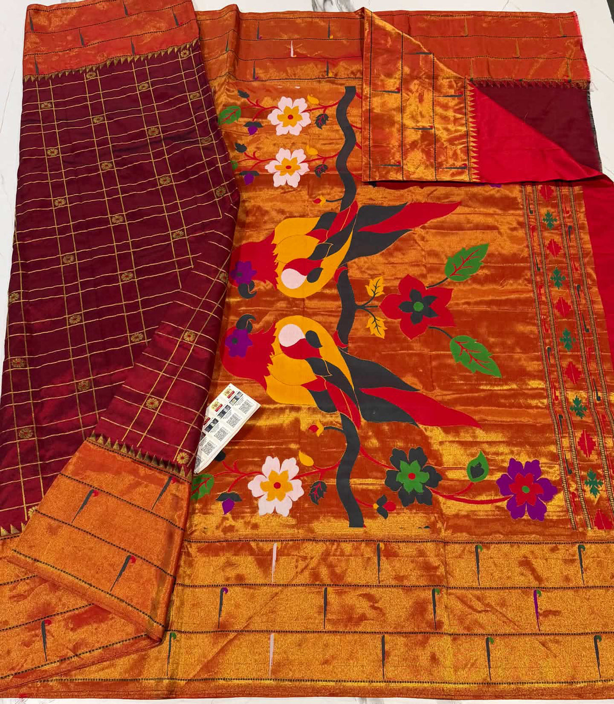 3CB-165 Maroonish brown colour triple muniya Paithani saree