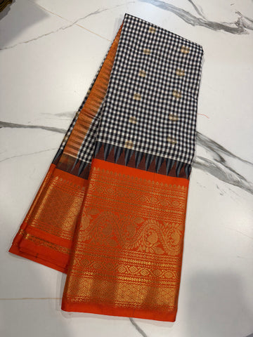 SGC-2500 Madras checks gadwal Black n Orange border saree