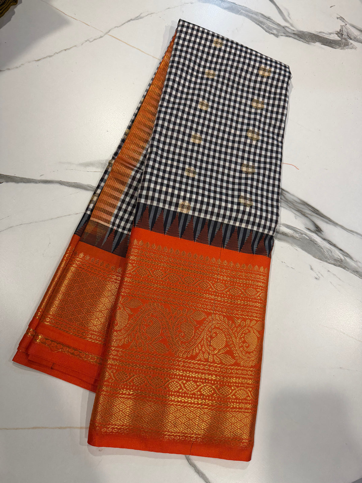 SGC-2500 Madras checks gadwal Black n Orange border saree