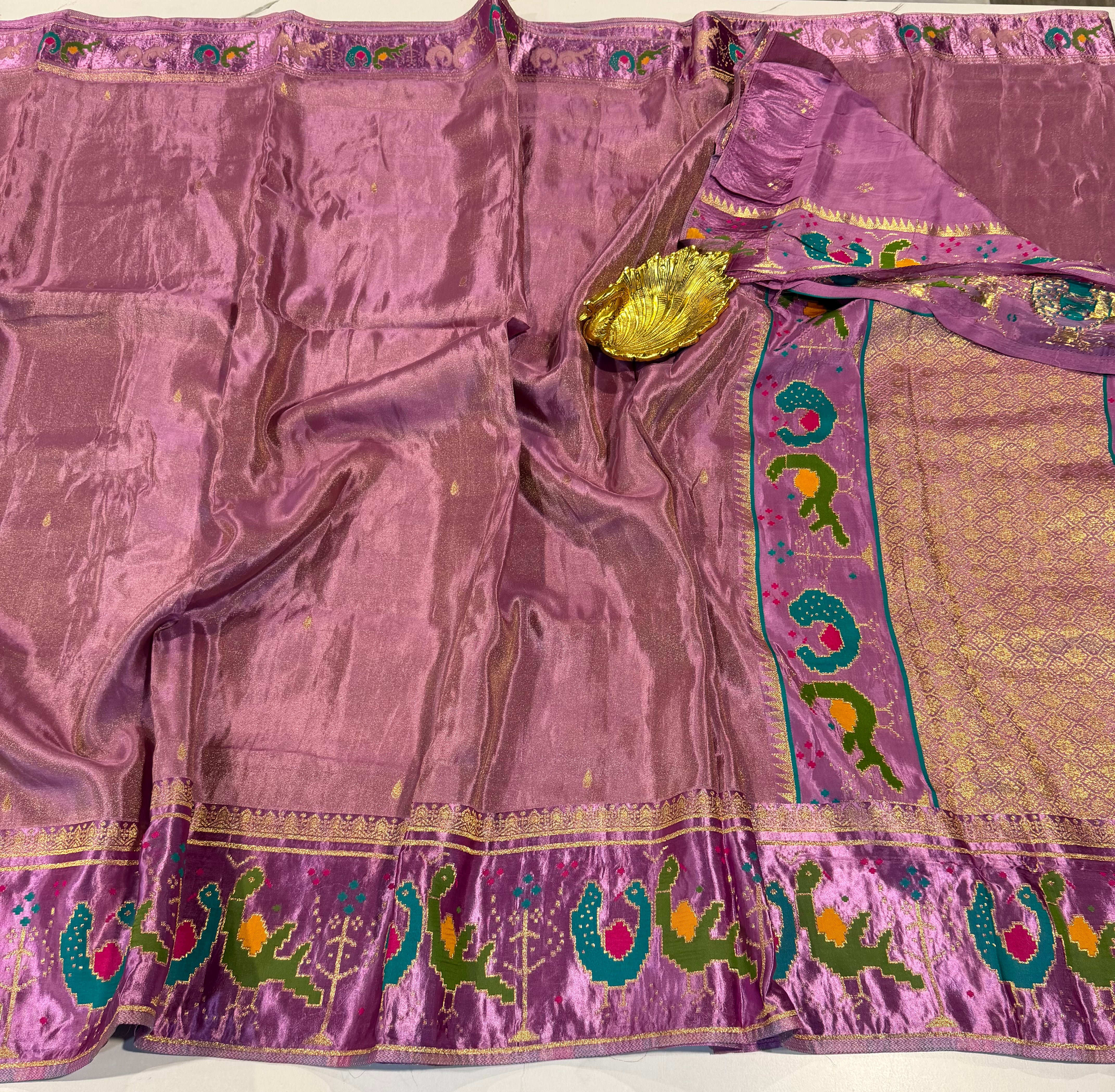 T-2998 Lavender banaras tissue Mashru borders saree