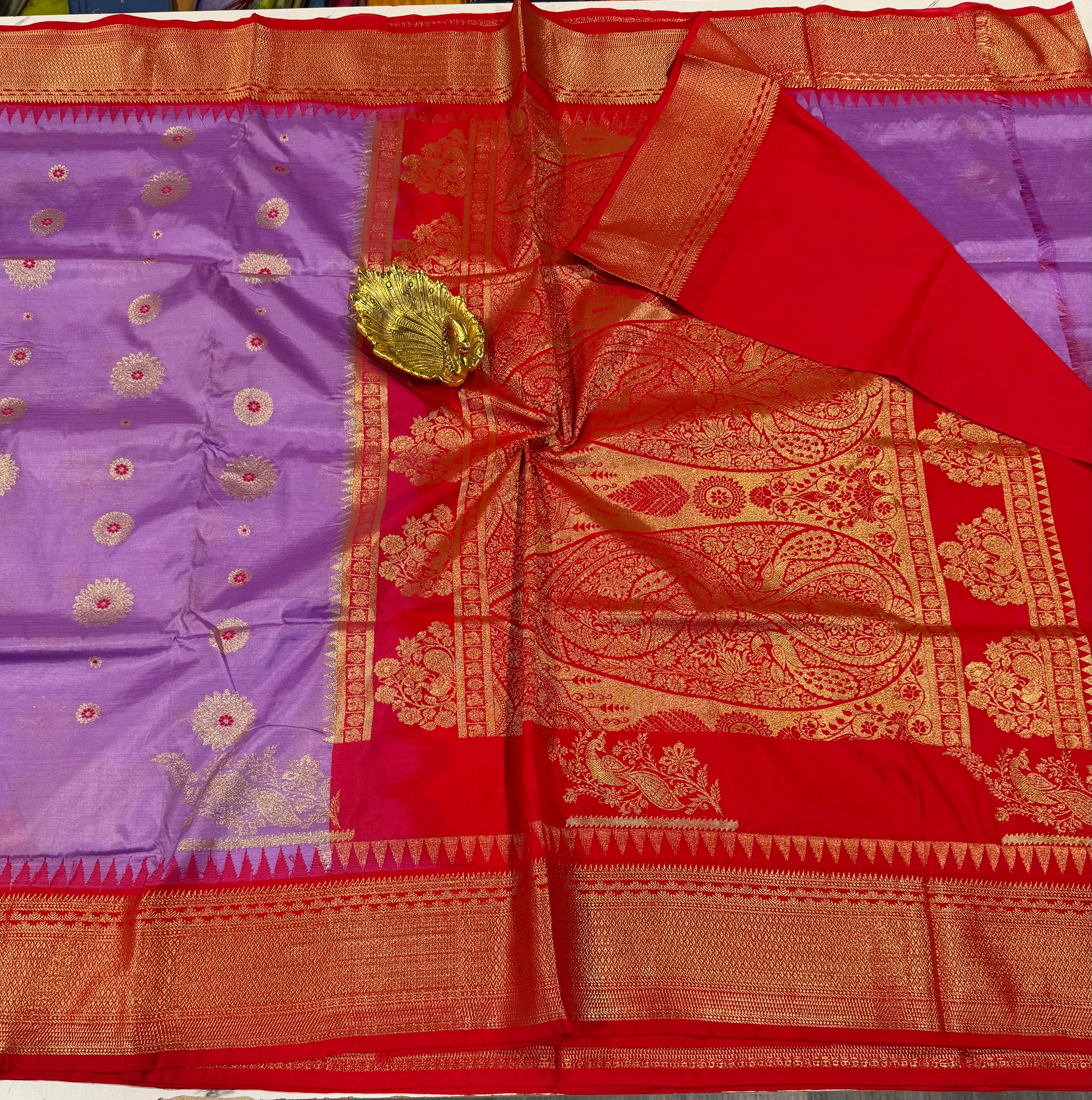 SN-35 Semi narayanpet Lavender and red border saree