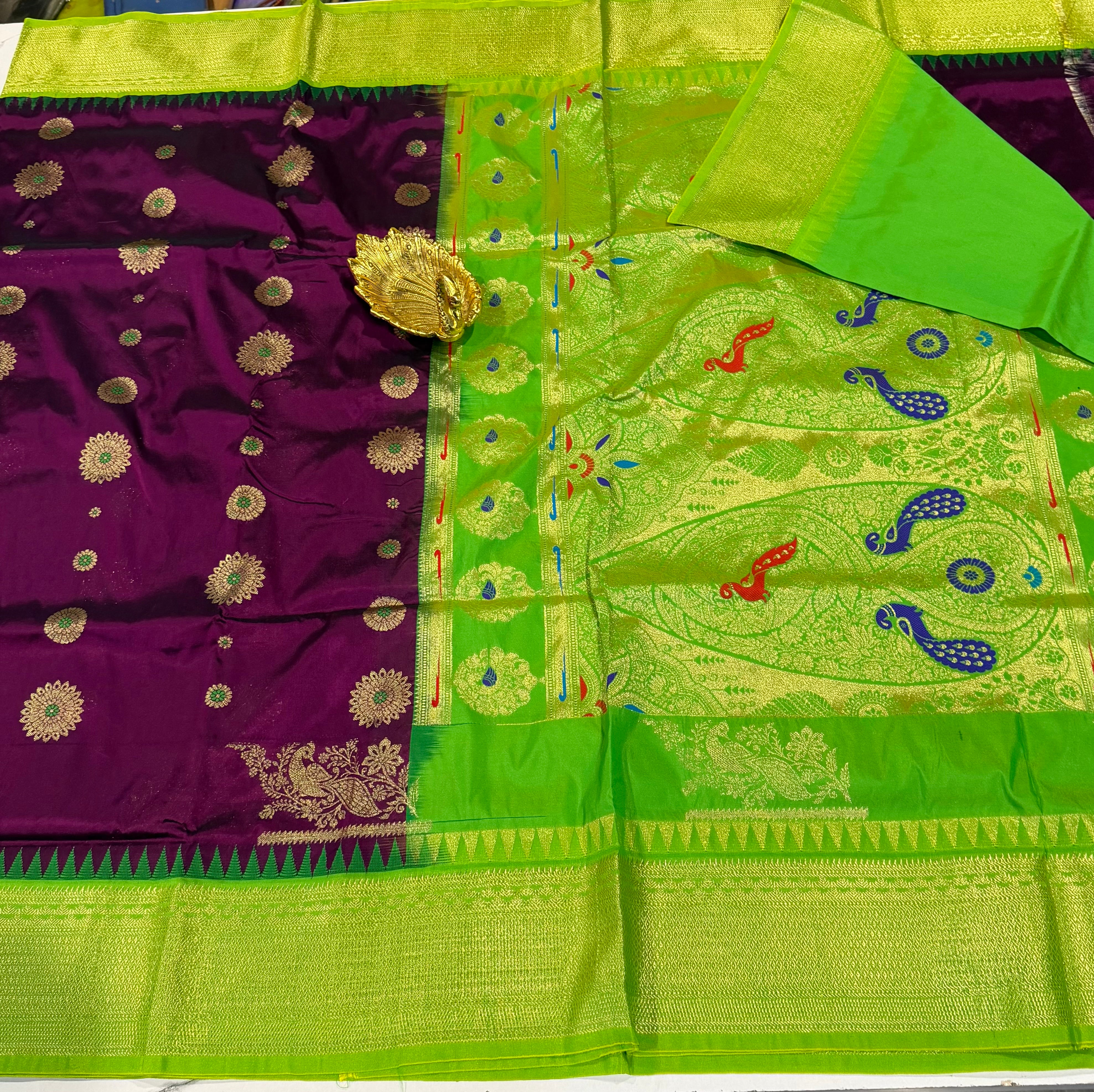 SN-35 Semi narayanpet wine and light green border saree