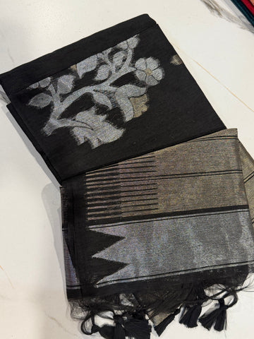 TL-1550 Black colour Linen jamdani floral saree