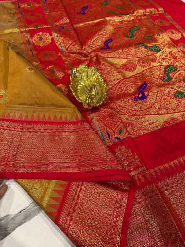SN-35 Semi narayanpet mustard gold and red border saree