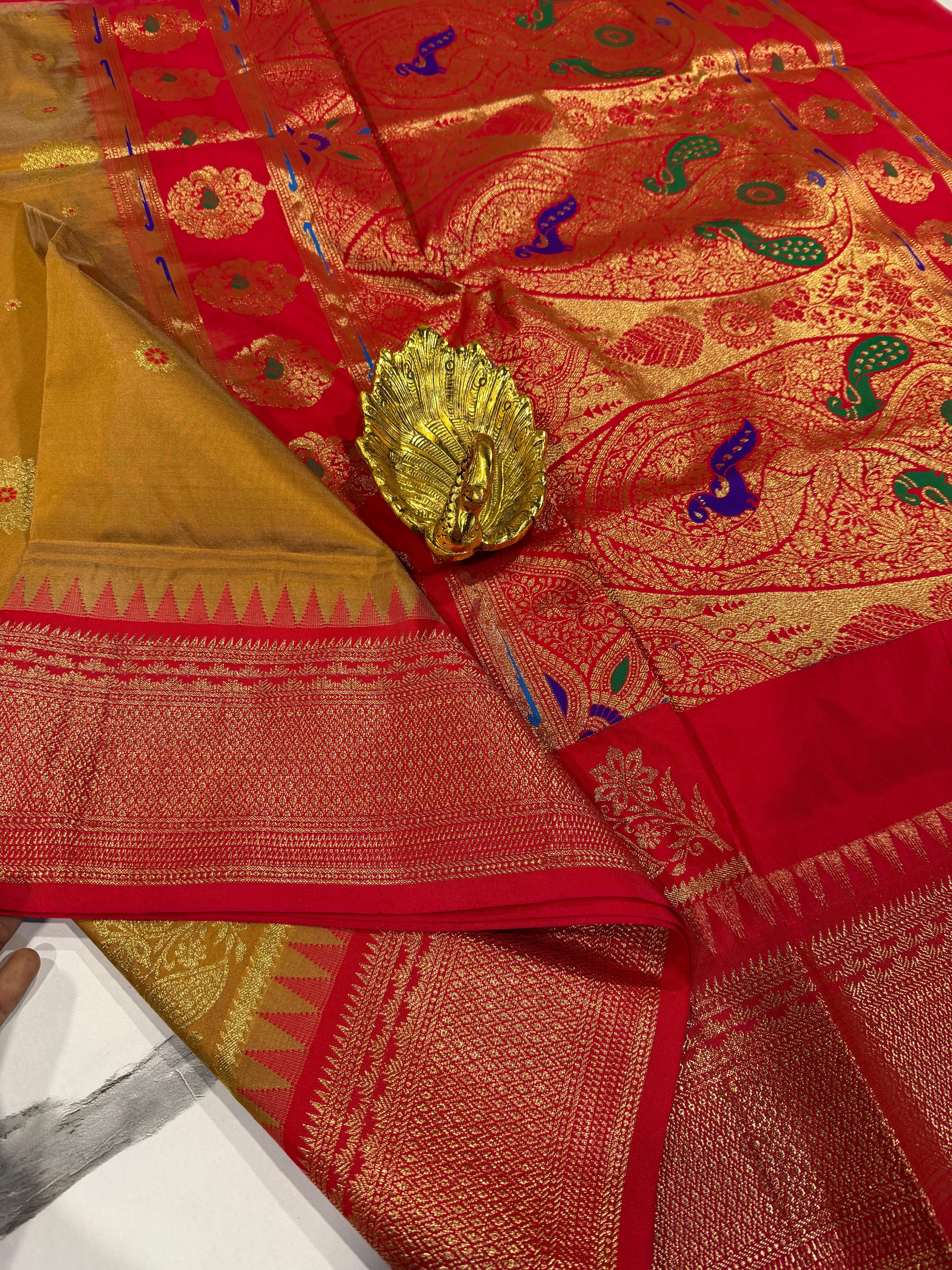 SN-35 Semi narayanpet mustard gold and red border saree