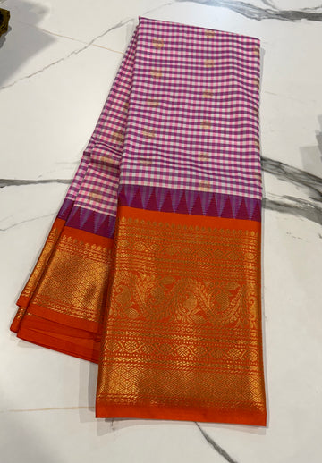 SGC-2500 Madras checks gadwal purple n orange border saree
