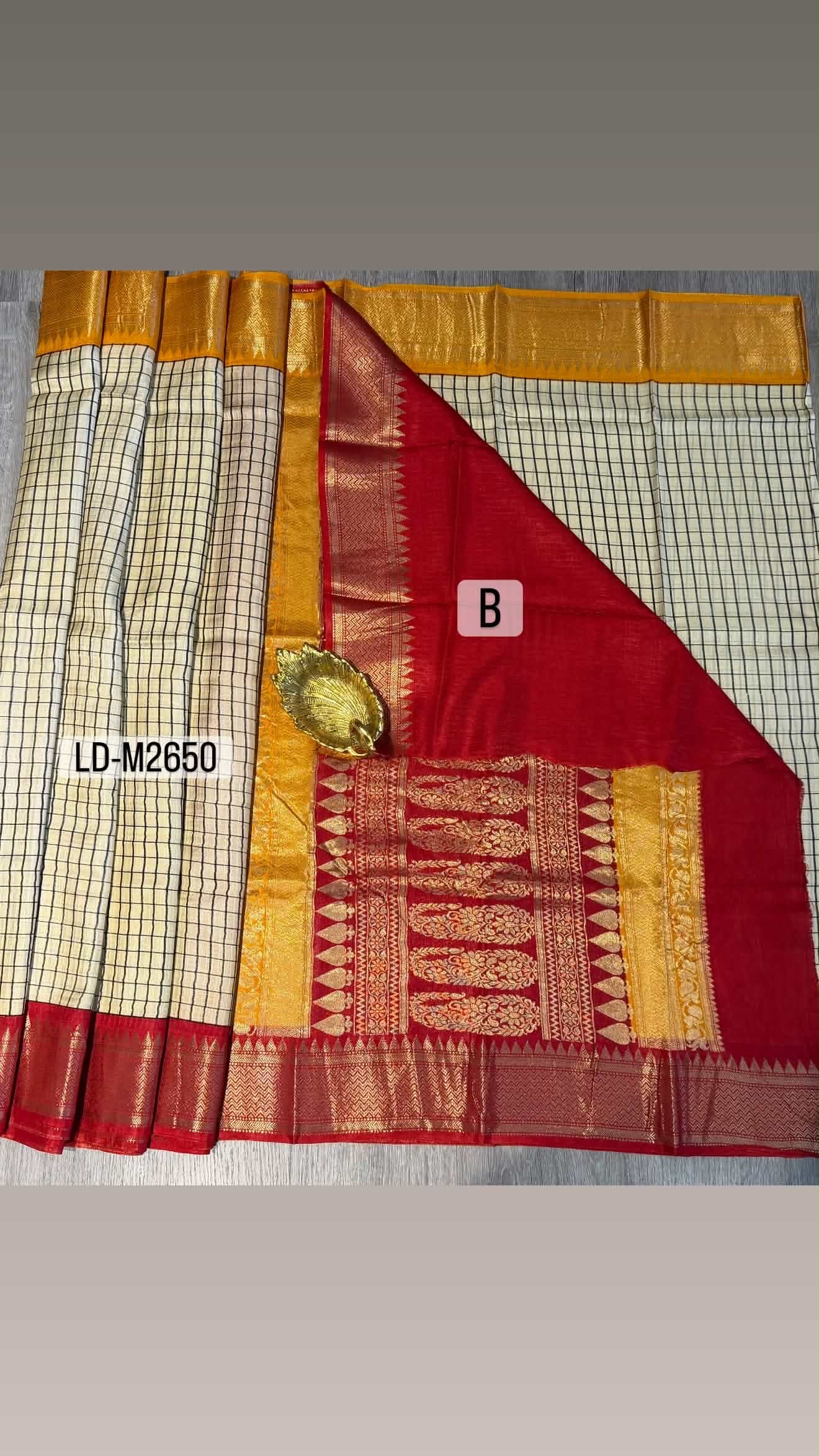 LD-M2650 cream checks red n yellow  ganaga Jamuna saree