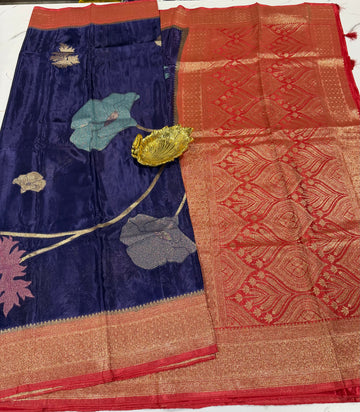 M-3300 dark blue n pink Banaras crep allover weaving motifs saree