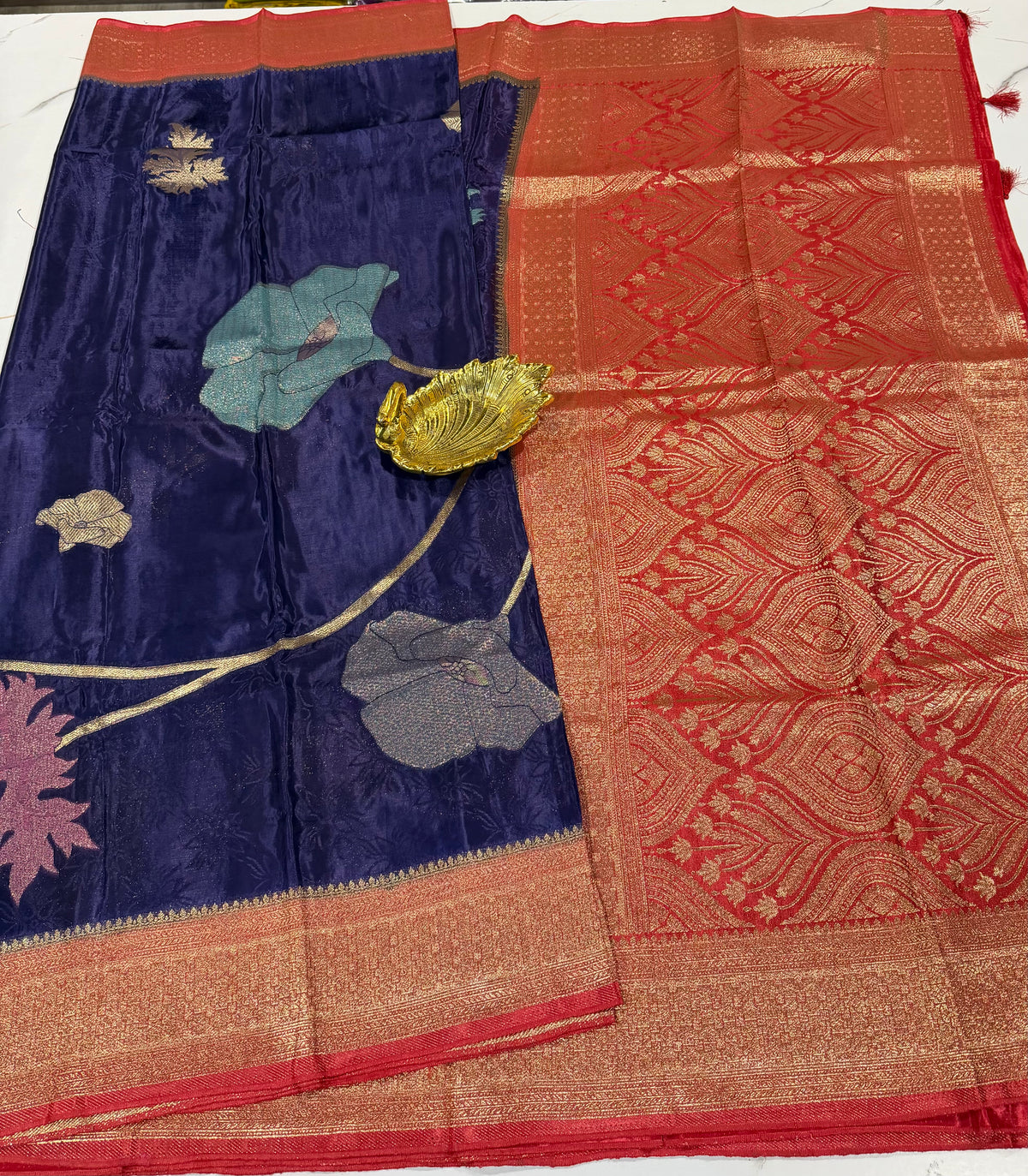 M-3300 dark blue n pink Banaras crep allover weaving motifs saree
