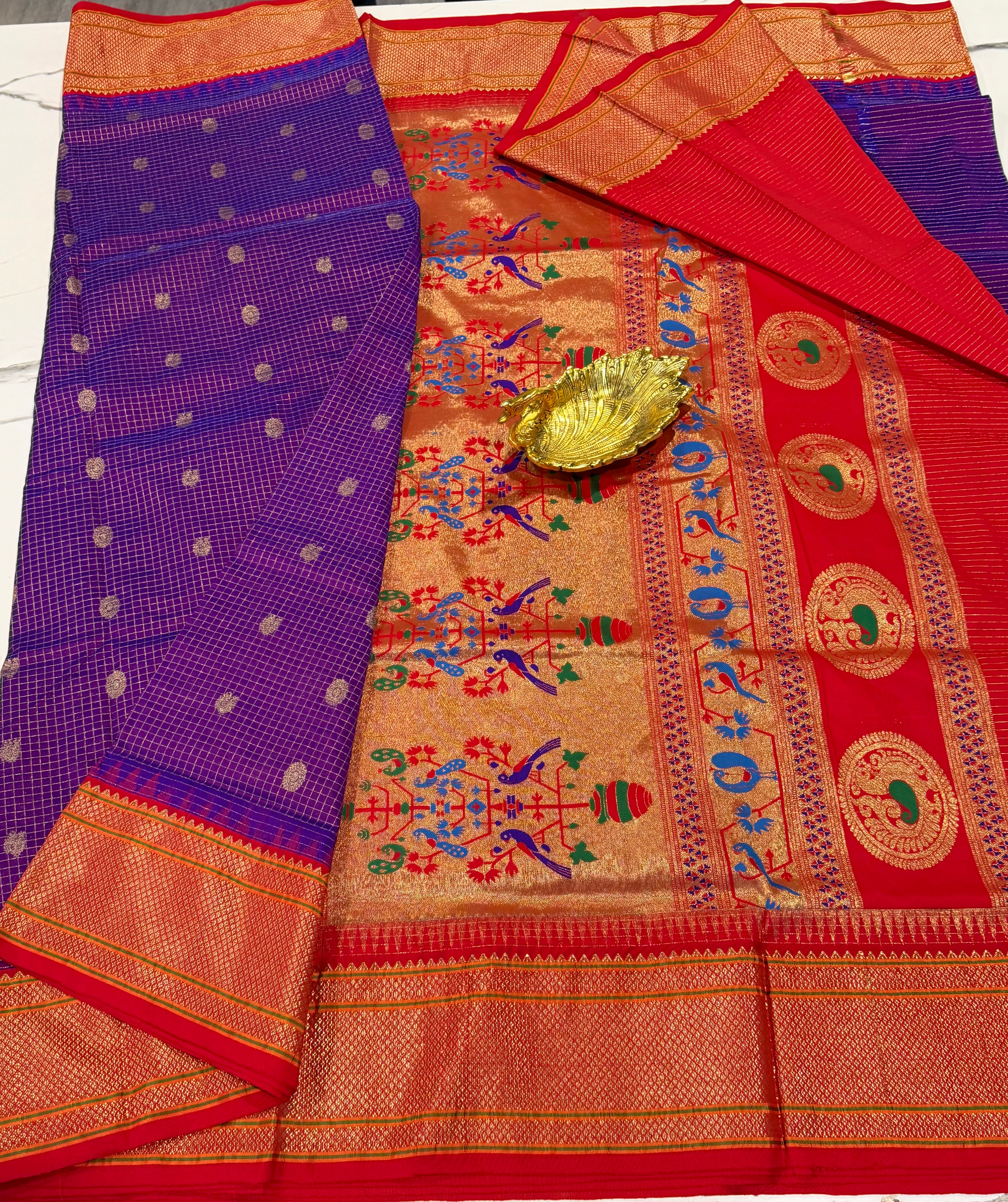 LD-SN35 
purple colour and red border saree
