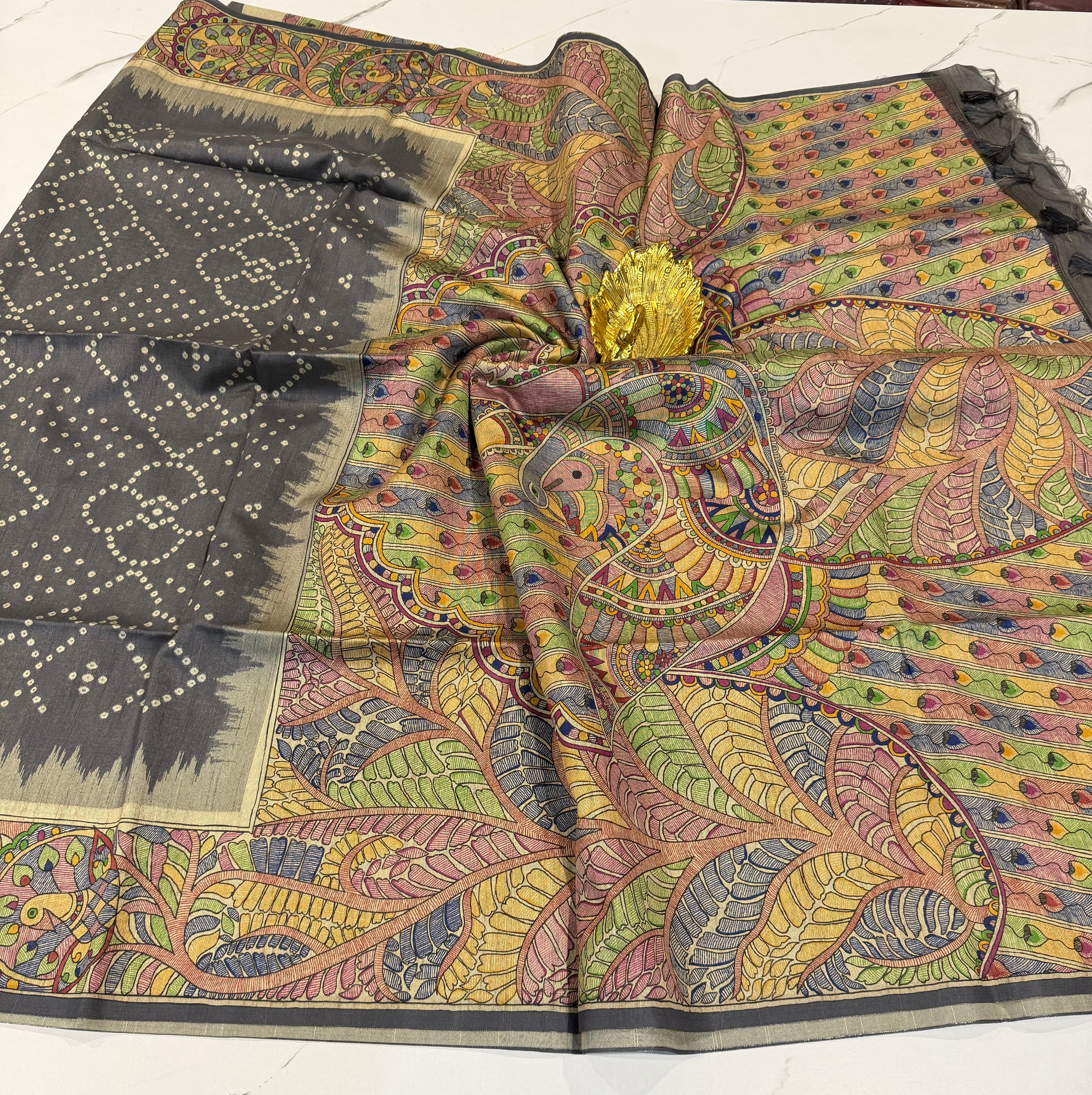 TM-9 grey saree Tussar Bhandij