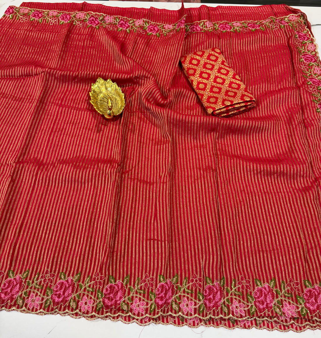 LD-T15 Banaras tissue Pettit saree Red