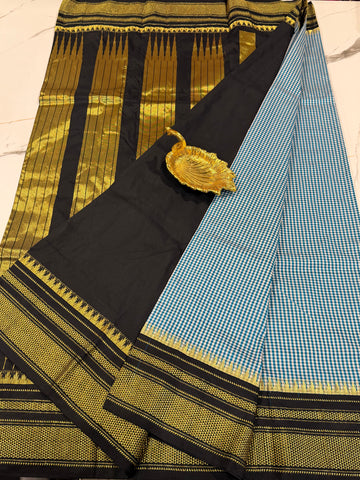 LD-N22 narayanapet blue n white checks and black border saree