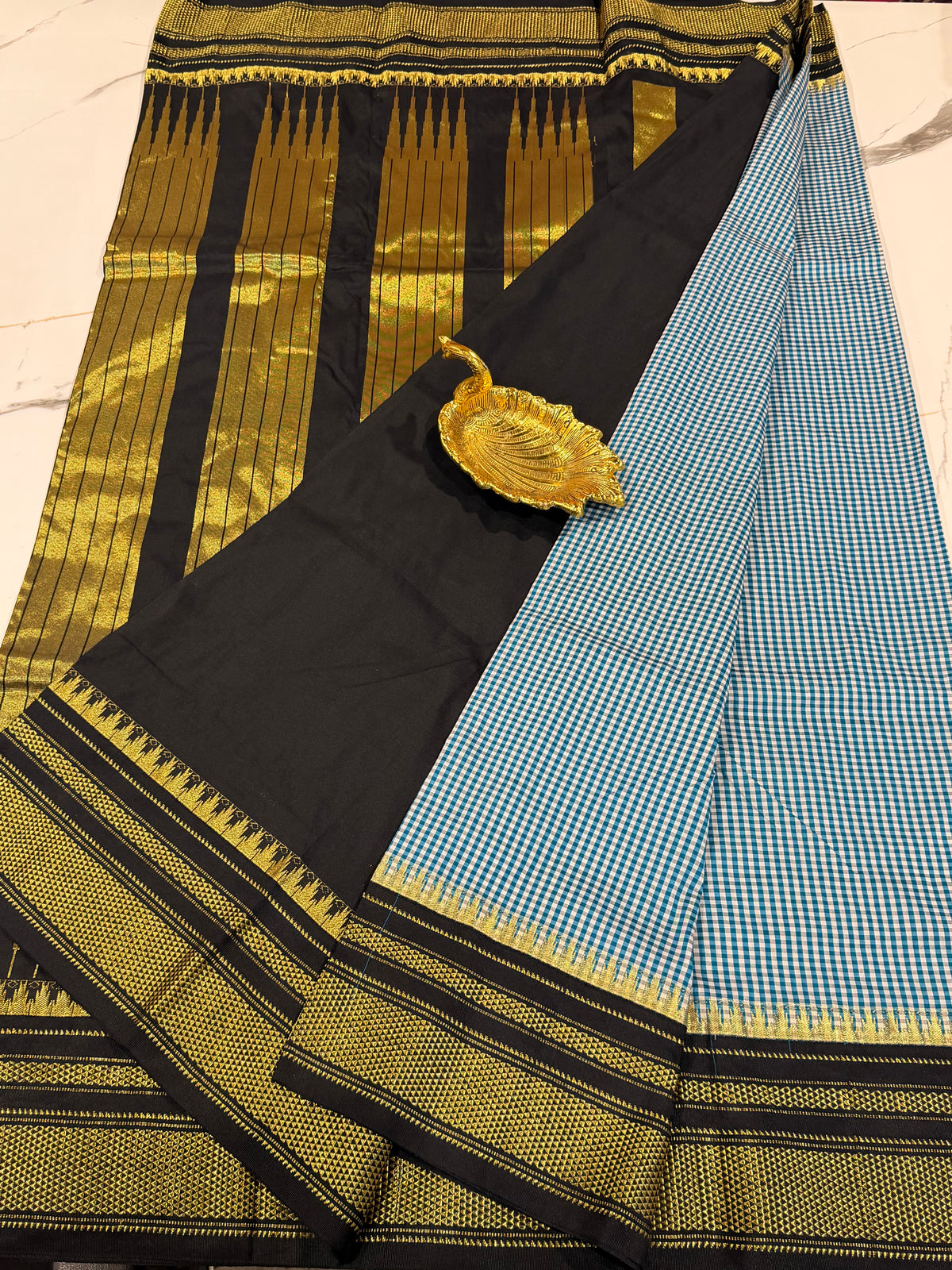 LD-N22 narayanapet blue n white checks and black border saree