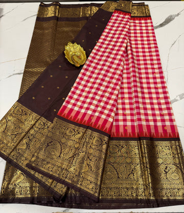 SGC-2800 semi Gadwal checks pink and brown border saree