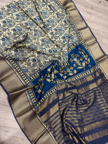 Mc2499 cream Saree Ajrak Mull cotton