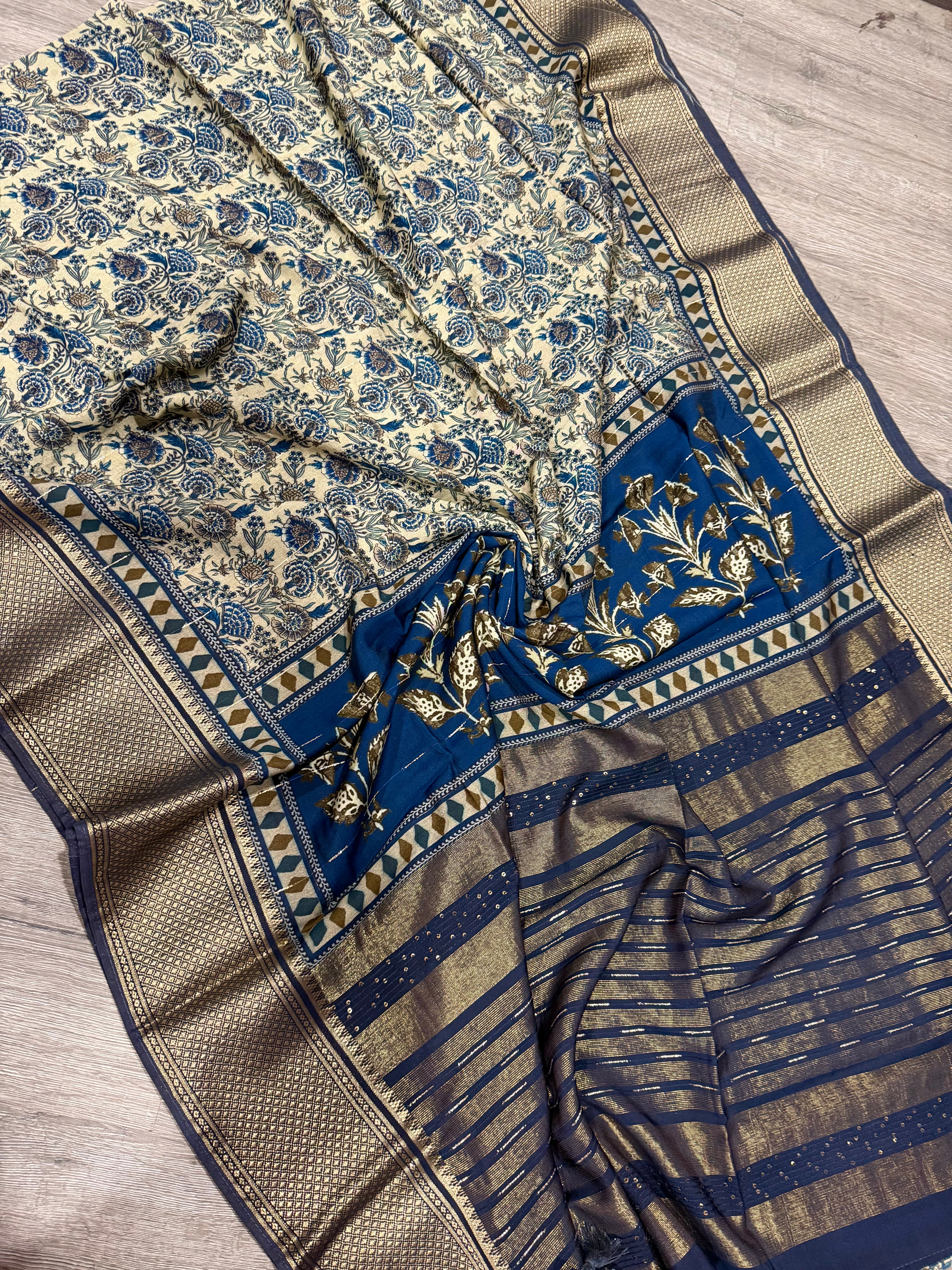 Mc2499 cream Saree Ajrak Mull cotton