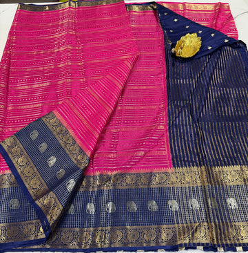 V-2100 Ranipink n naviblue banaras vintage Kanchi horizontal lines saree