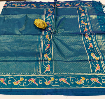 KP2299 kanchi tissue Paithani sarees peacock blue colour saree