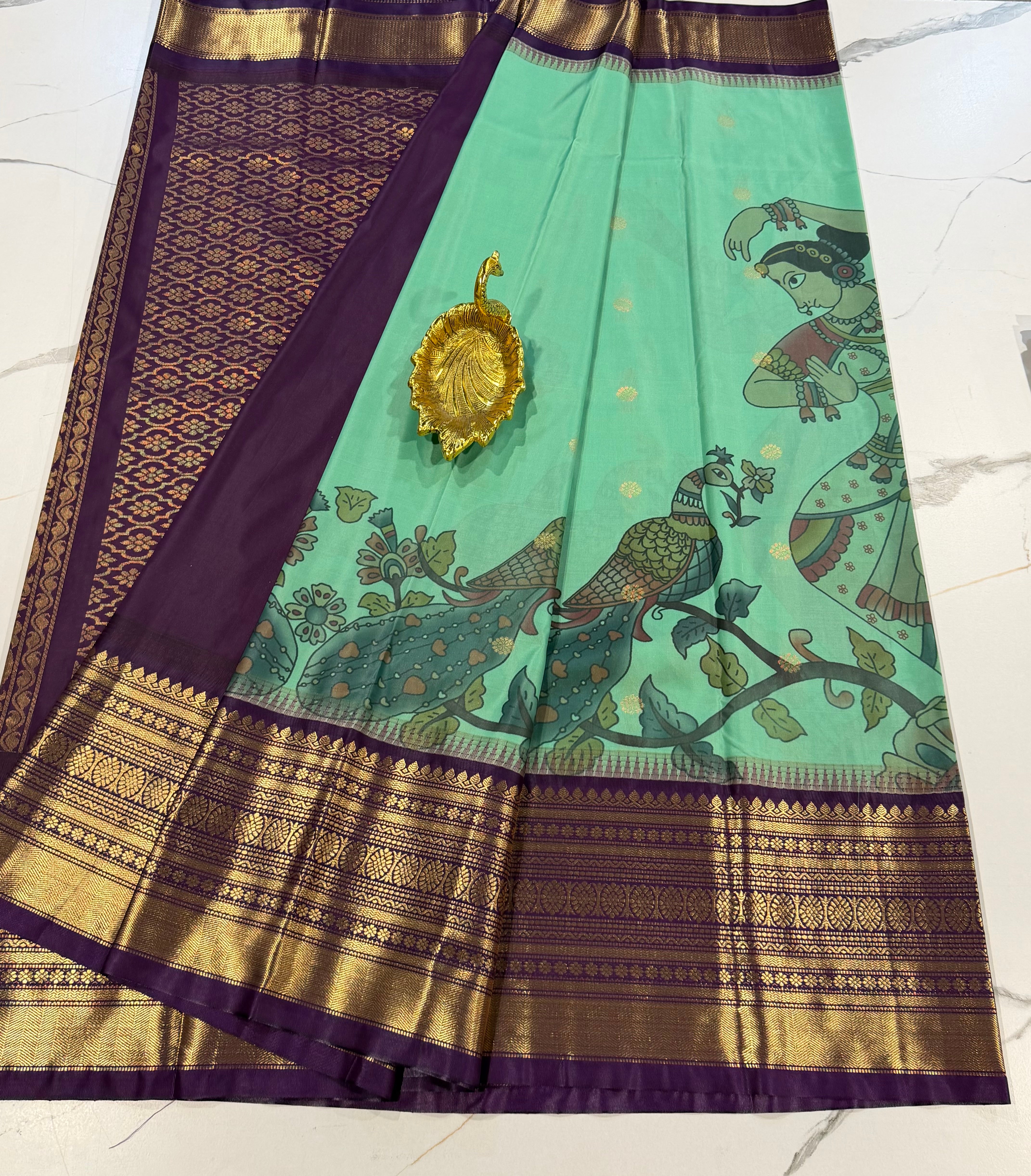 SGK-2997 seagreen n wine gadwal Kalamkari sarees