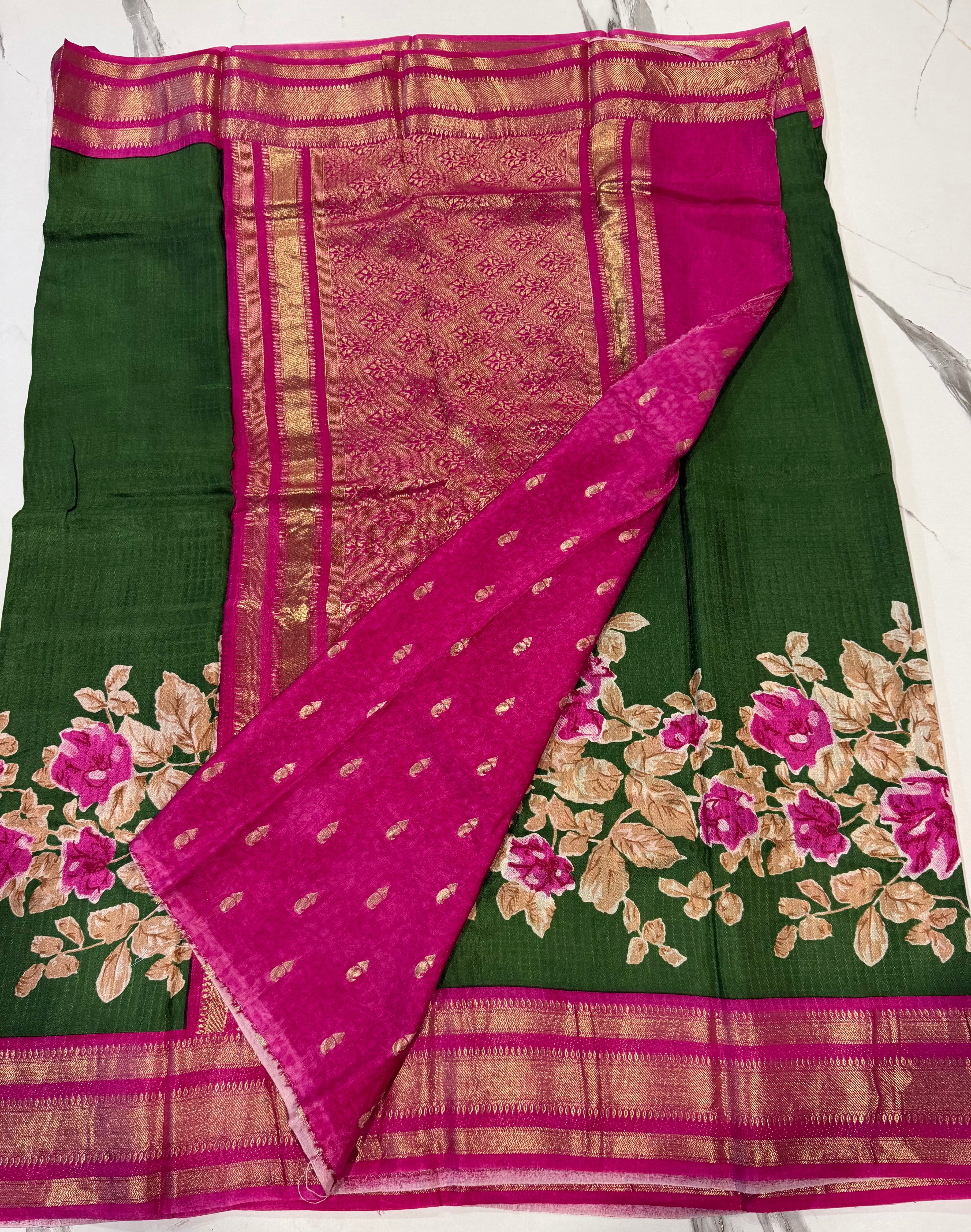 LD-M2700 Mysore Crepe Semi Green n pink Saree