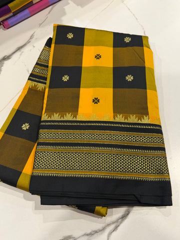 M-3450 yellow n black Madras checks Narayanpet saree