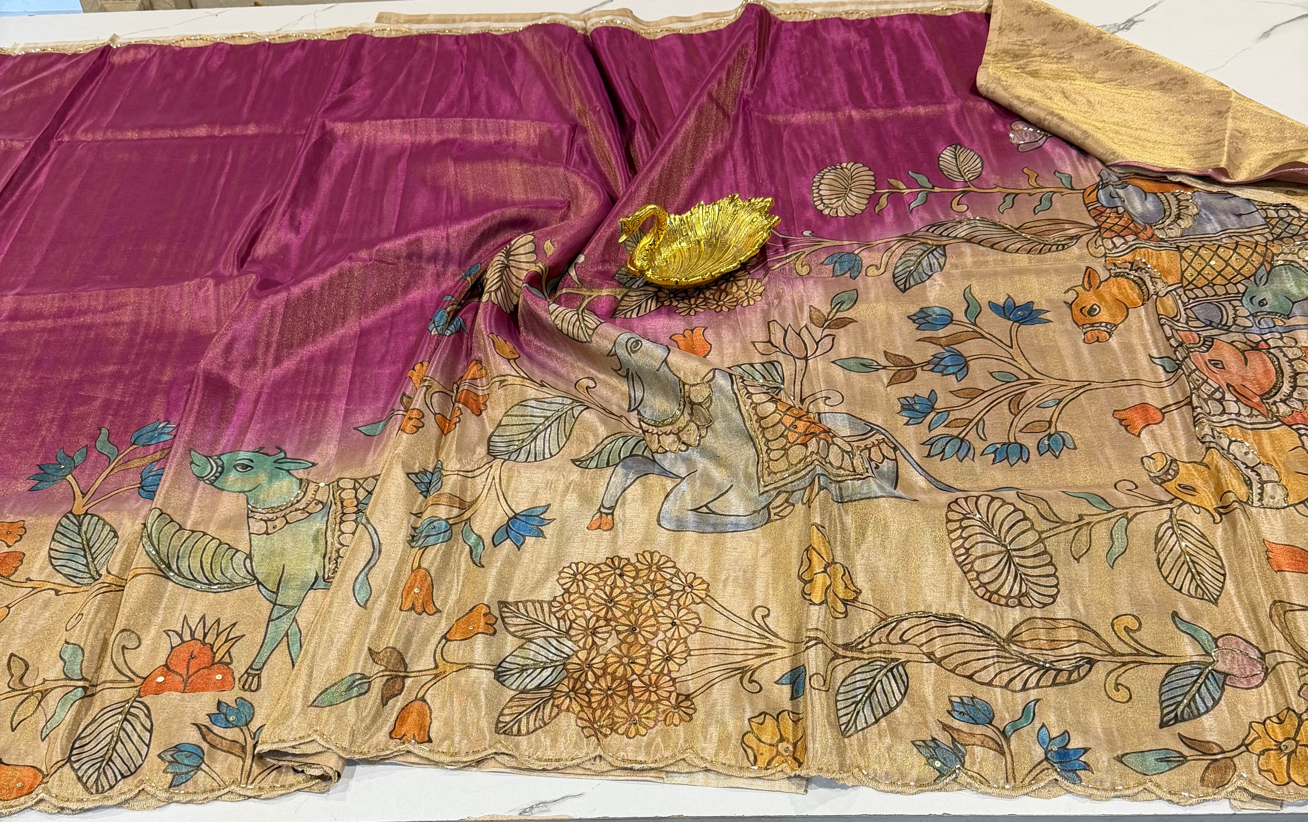 LD-T24 fancy 1gm tissue Kalamkari maggam work style saree pink colour saree