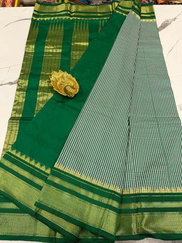 LD-N22 narayanape green n white checks and leaf green border saree