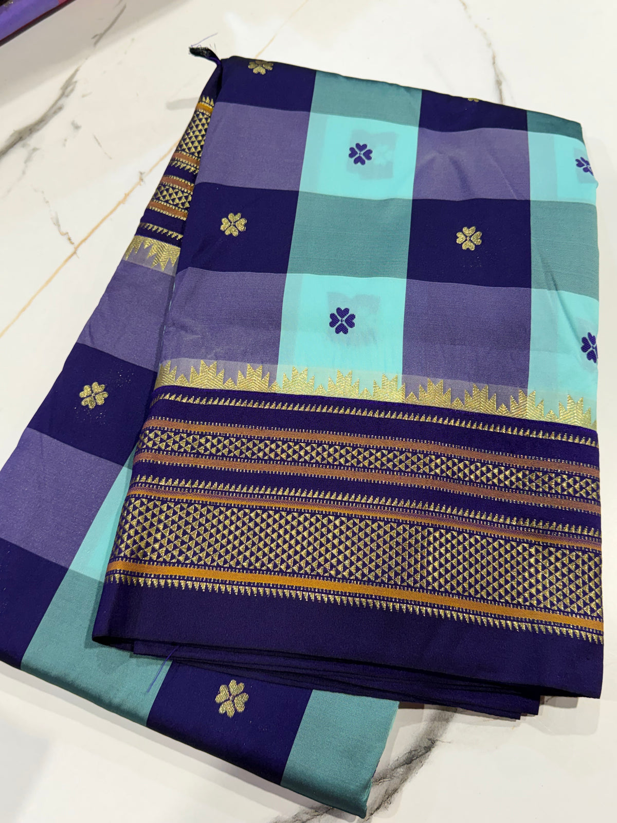 M-3450 violet n sky blue Madras checks Narayanpet saree