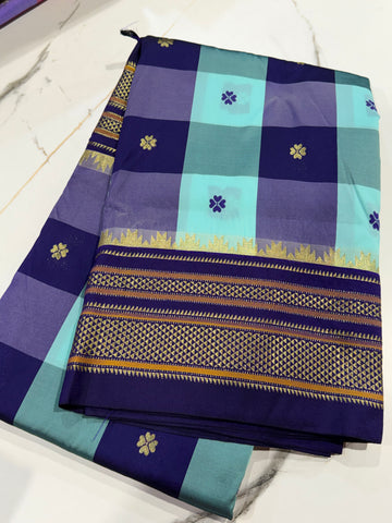 M-3450 violet n sky blue Madras checks Narayanpet saree