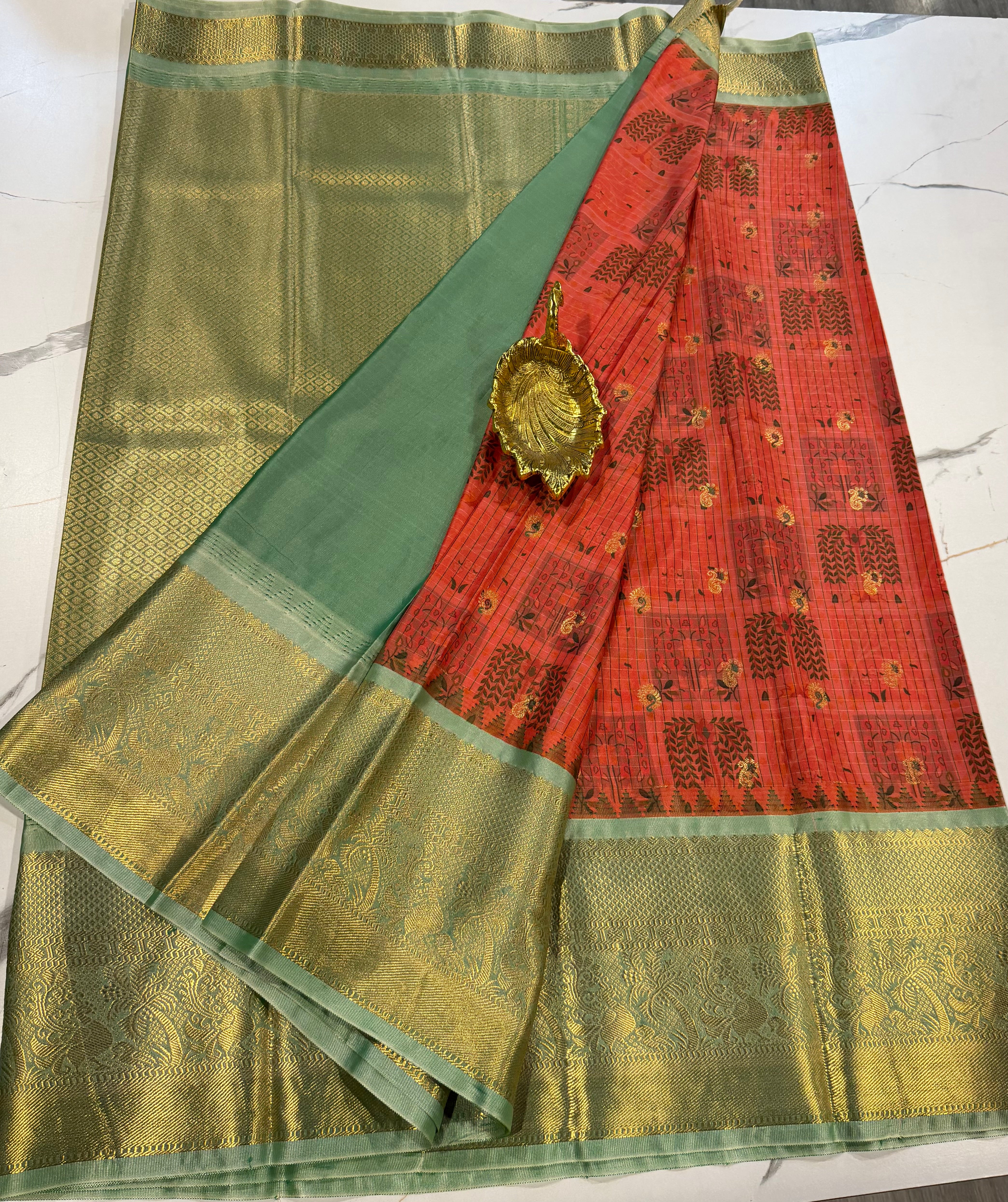 SGK-2997 rust n sage green gadwal Kalamkari saree