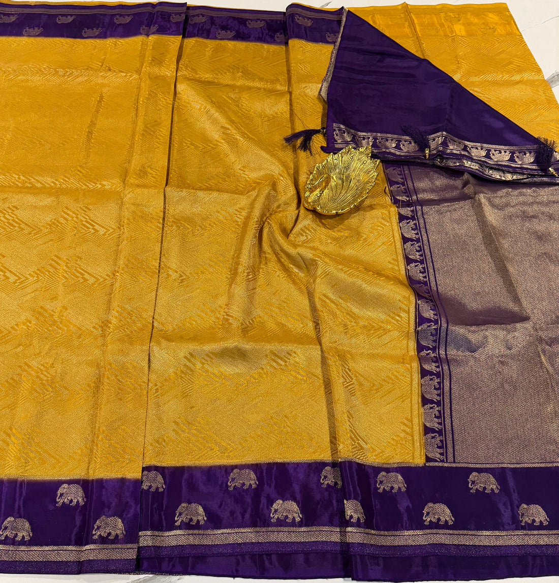 KW-2549  mustard yellow n violet border saree Kanchi green mango