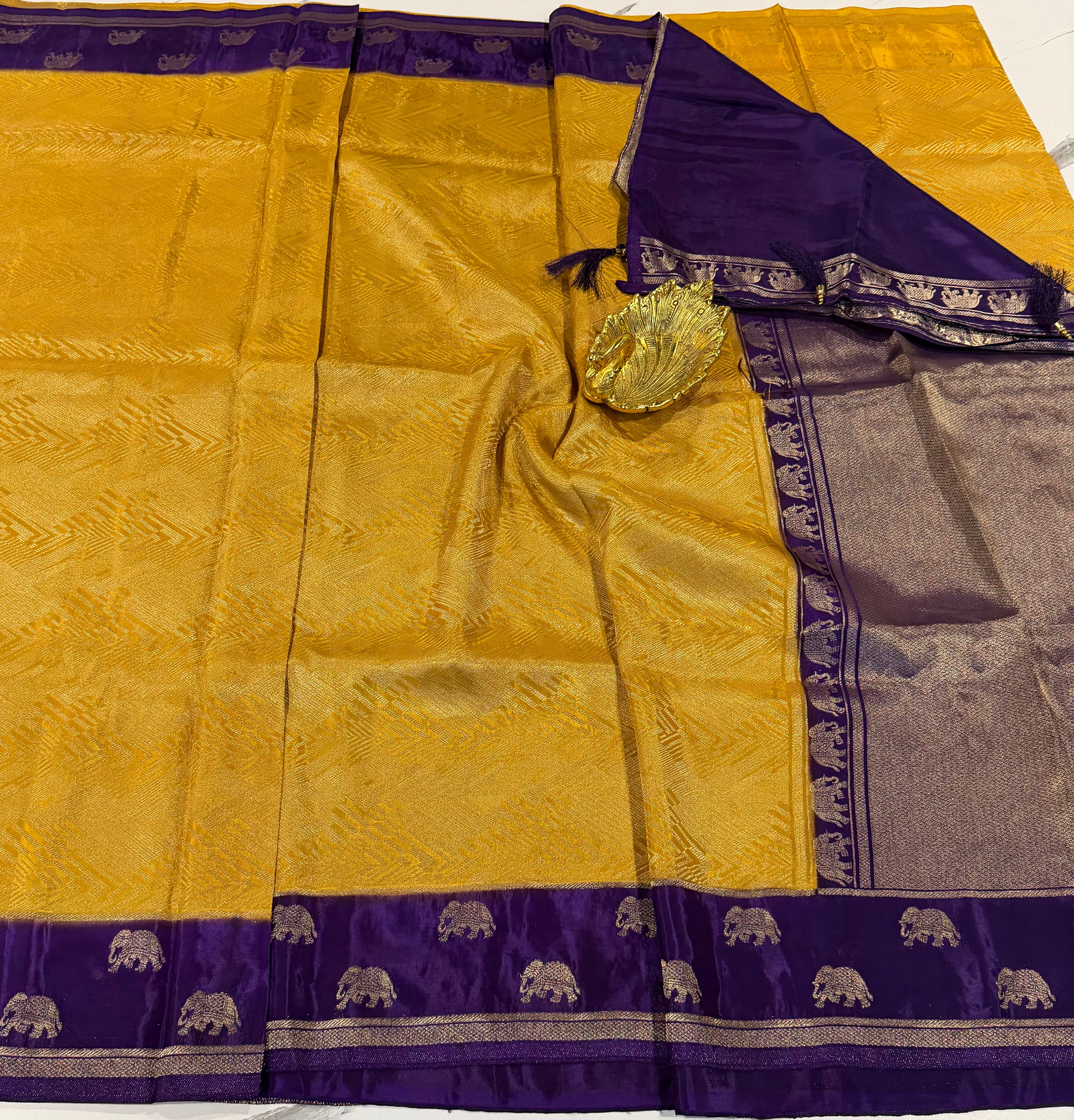 KW-2549  mustard yellow n violet border saree Kanchi green mango