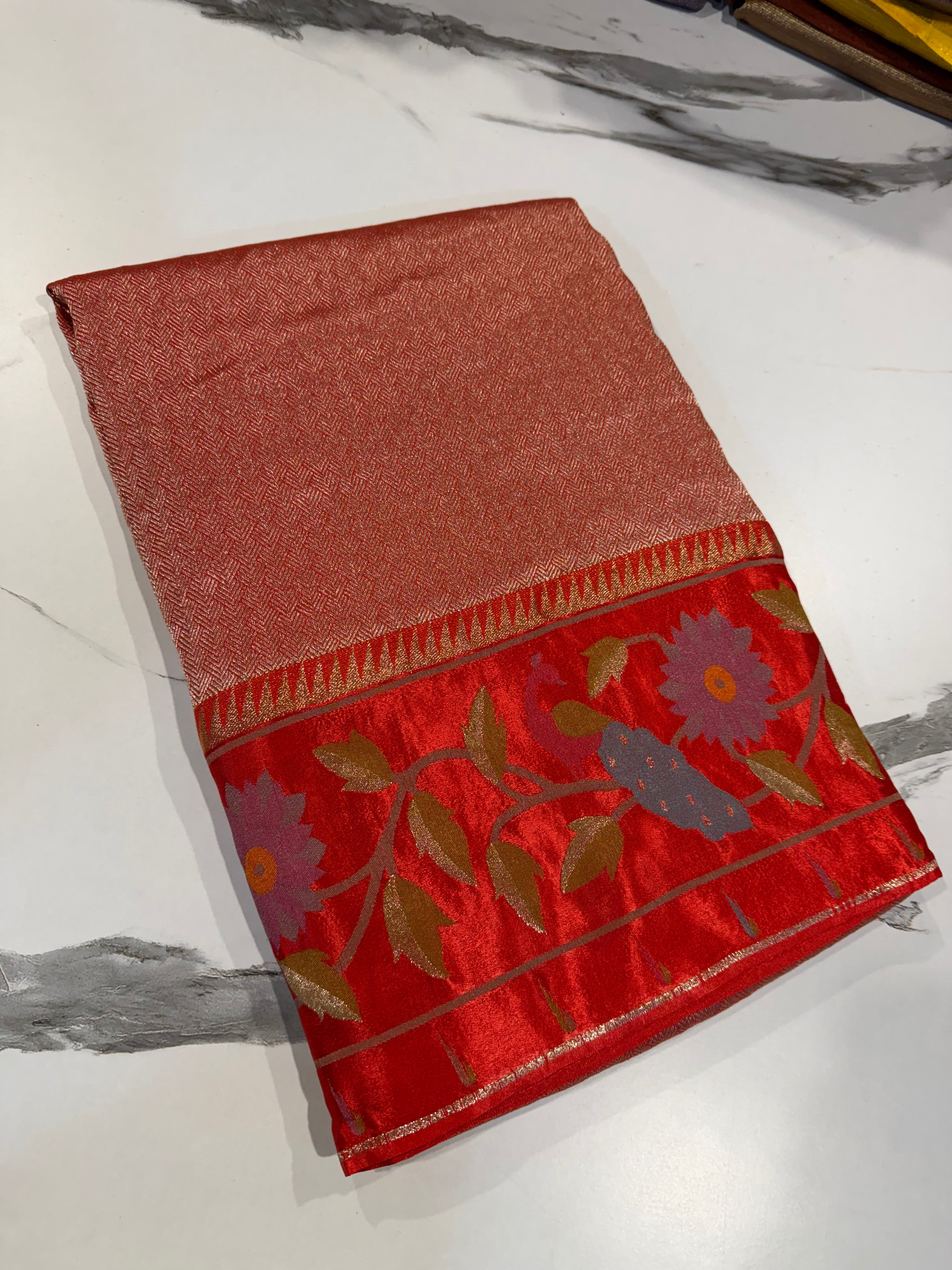 KT-53 Dark orange kanchi tissue paithani borders saree