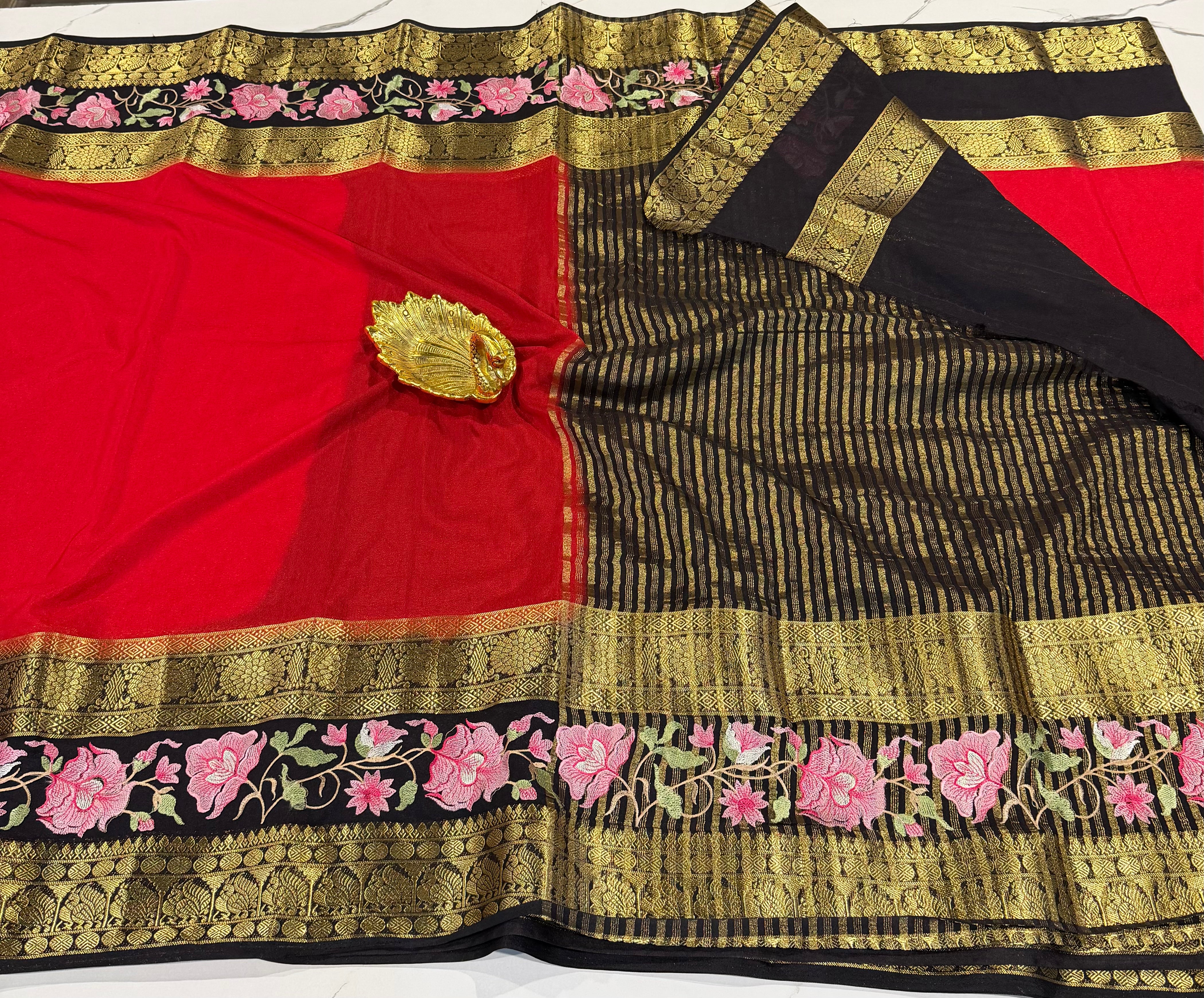 LD-M2 semi Mysore sarees red & black saree