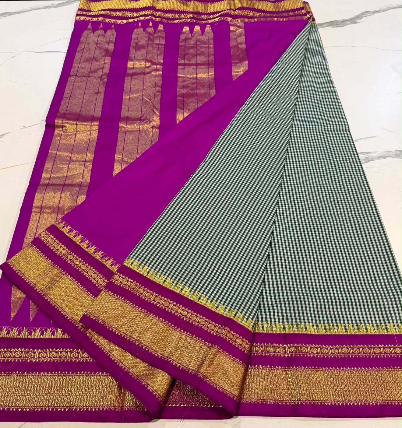 LD-N22 narayanapeta checks saree dark green and purple saree