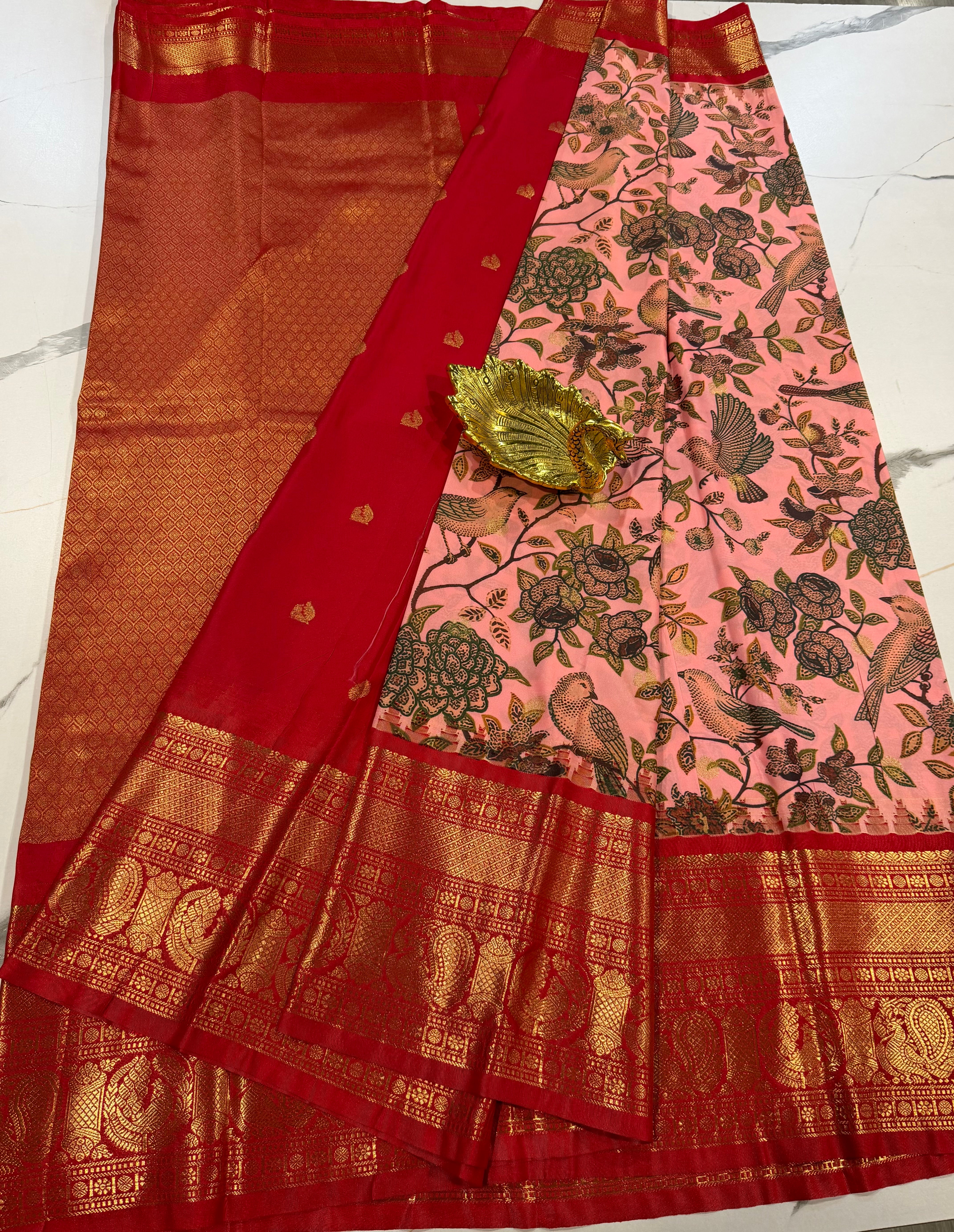 SGK-2997 peach n red gadwal Kalamkari saree